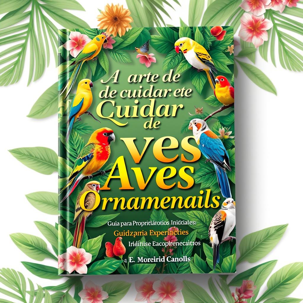 A beautifully designed book cover for 'A Arte de Cuidar de Aves Ornamentais: Guia para Proprietários Iniciantes e Experientes'