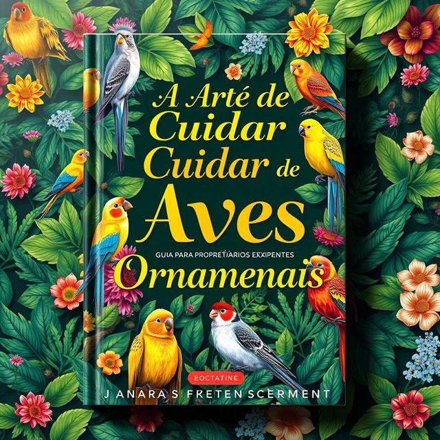 A beautifully designed book cover for 'A Arte de Cuidar de Aves Ornamentais: Guia para Proprietários Iniciantes e Experientes'