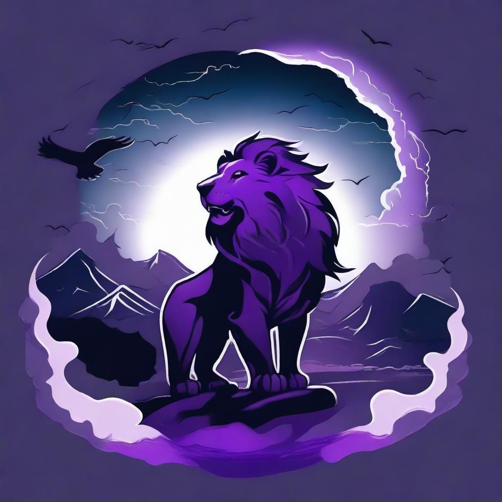 Generate a 2D image of a roaring lion in tattoo style, perched on a cliff, with a backdrop of a stormy purple night sky, a full moon, gusts of wind, black crows, blue fire, fog, and a waterfall