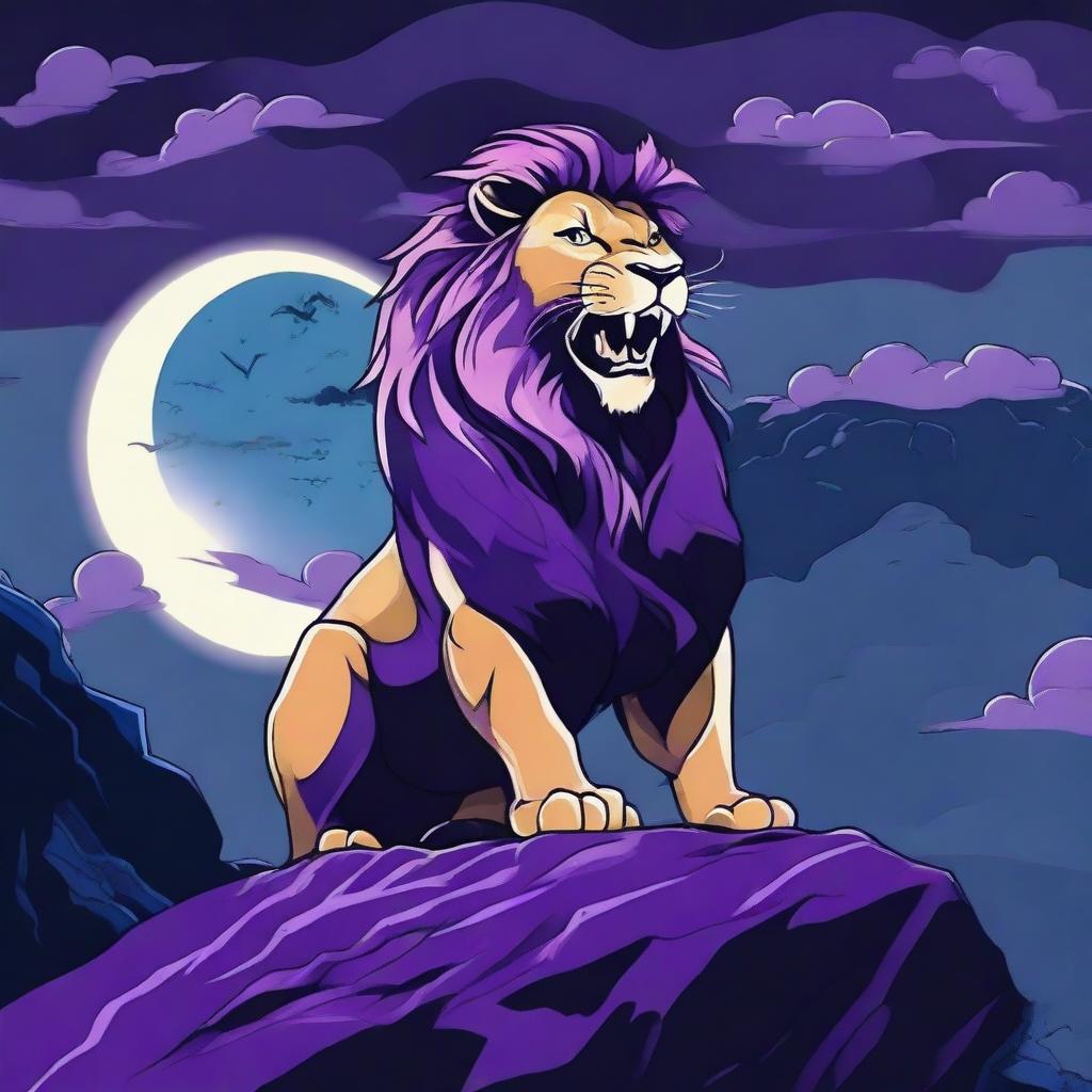 Generate a 2D image of a roaring lion in tattoo style, perched on a cliff, with a backdrop of a stormy purple night sky, a full moon, gusts of wind, black crows, blue fire, fog, and a waterfall