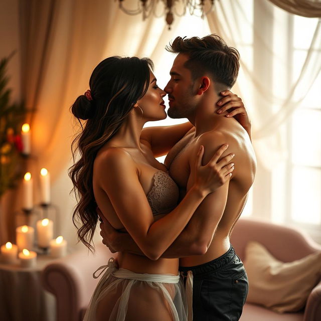 A passionate couple in a romantic setting, embracing intimately, their bodies intertwined in a sensual dance