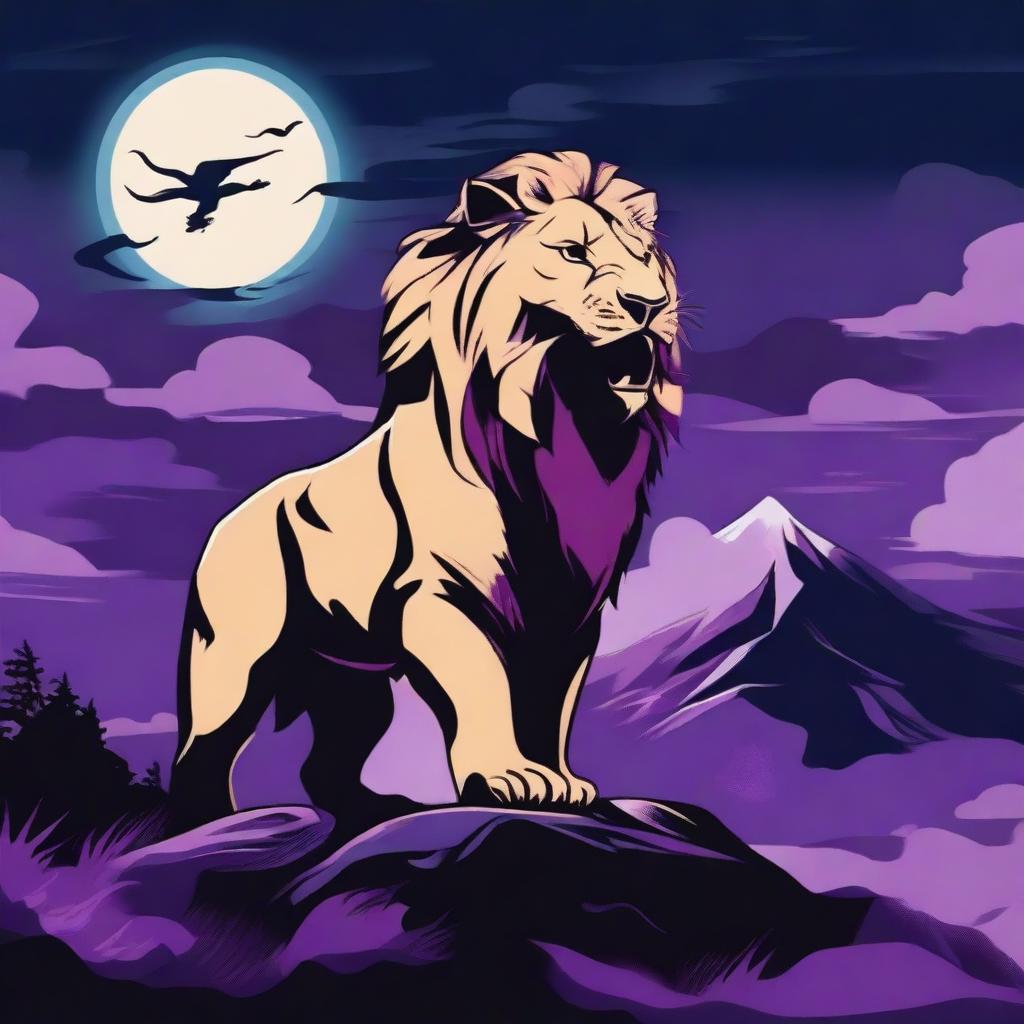 Generate a 2D image of a roaring lion in tattoo style, perched on a cliff, with a backdrop of a stormy purple night sky, a full moon, gusts of wind, black crows, blue fire, fog, and a waterfall