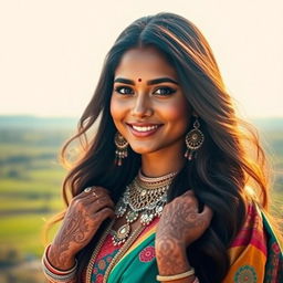 A stylish portrait of an Indian woman radiating confidence and grace, adorned with traditional jewelry and intricate henna designs