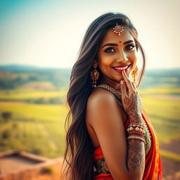 A stylish portrait of an Indian woman radiating confidence and grace, adorned with traditional jewelry and intricate henna designs