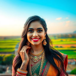 A stylish portrait of an Indian woman radiating confidence and grace, adorned with traditional jewelry and intricate henna designs