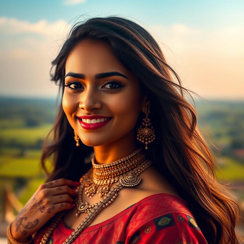 A stylish portrait of an Indian woman radiating confidence and grace, adorned with traditional jewelry and intricate henna designs