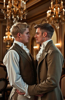 A romantic scene in the regency era featuring two white men in love