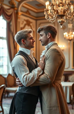 A romantic scene in the regency era featuring two white men in love