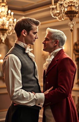 A romantic scene in the regency era featuring two white men in love