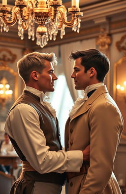 A romantic scene in the regency era featuring two white men in love