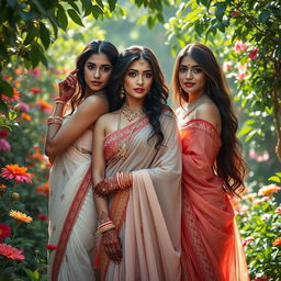 A tasteful artistic representation of Indian women showcasing their beauty and elegance, wrapped in flowing fabrics that hint at their form without revealing too much