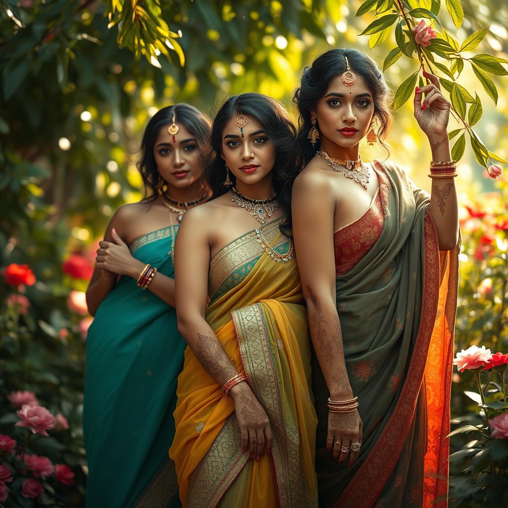 A tasteful artistic representation of Indian women showcasing their beauty and elegance, wrapped in flowing fabrics that hint at their form without revealing too much