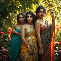 A tasteful artistic representation of Indian women showcasing their beauty and elegance, wrapped in flowing fabrics that hint at their form without revealing too much