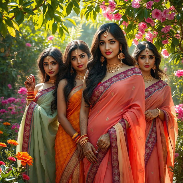 A tasteful artistic representation of Indian women showcasing their beauty and elegance, wrapped in flowing fabrics that hint at their form without revealing too much