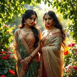 A tasteful artistic representation of Indian women showcasing their beauty and elegance, wrapped in flowing fabrics that hint at their form without revealing too much
