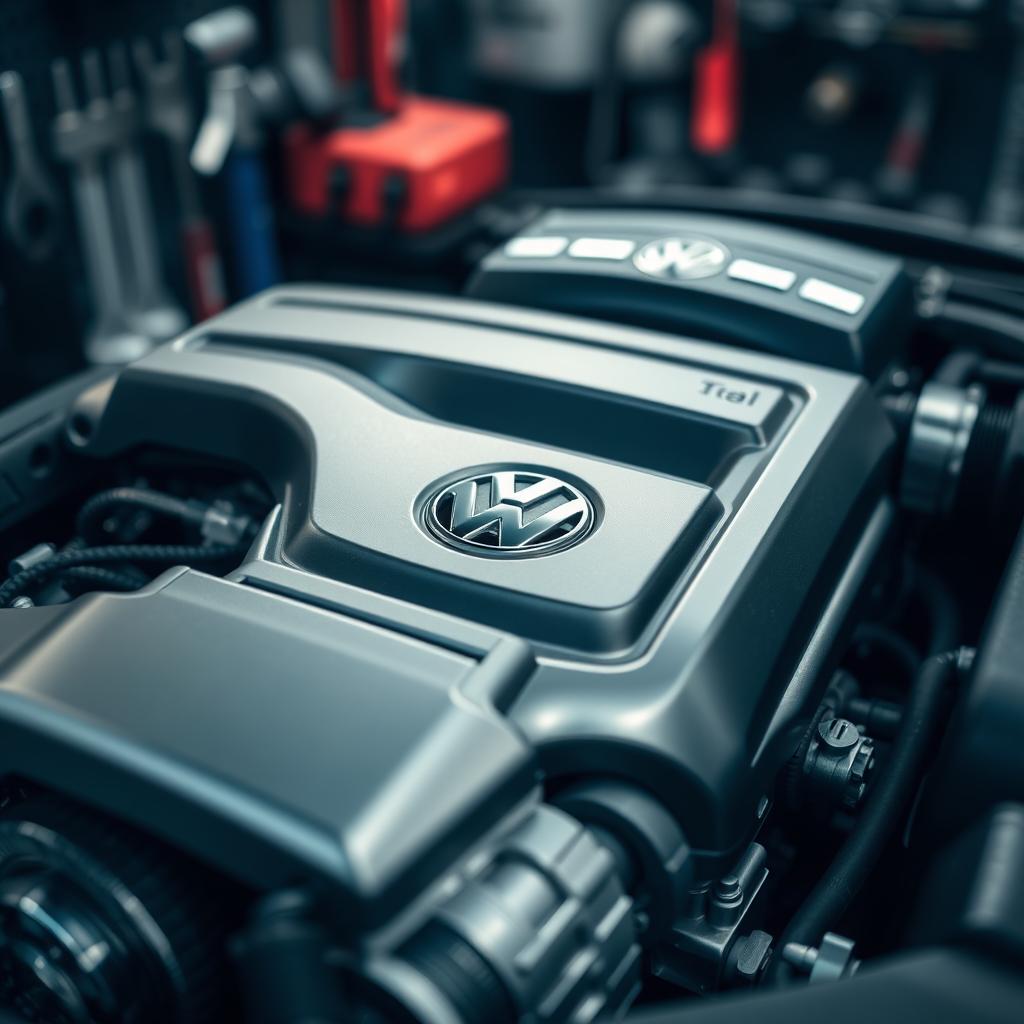 A close-up, detailed view of a Volkswagen Polo engine, showcasing the sleek design and modern technology