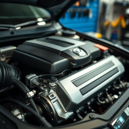 A close-up, detailed view of a Volkswagen Polo engine, showcasing the sleek design and modern technology