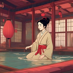 Mulan in Spirited Away-style bathhouse scene, hand-drawn Ghibli animation with 90s grainy filter.