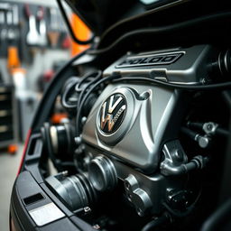 A close-up, detailed view of a Volkswagen Polo engine, showcasing the sleek design and modern technology