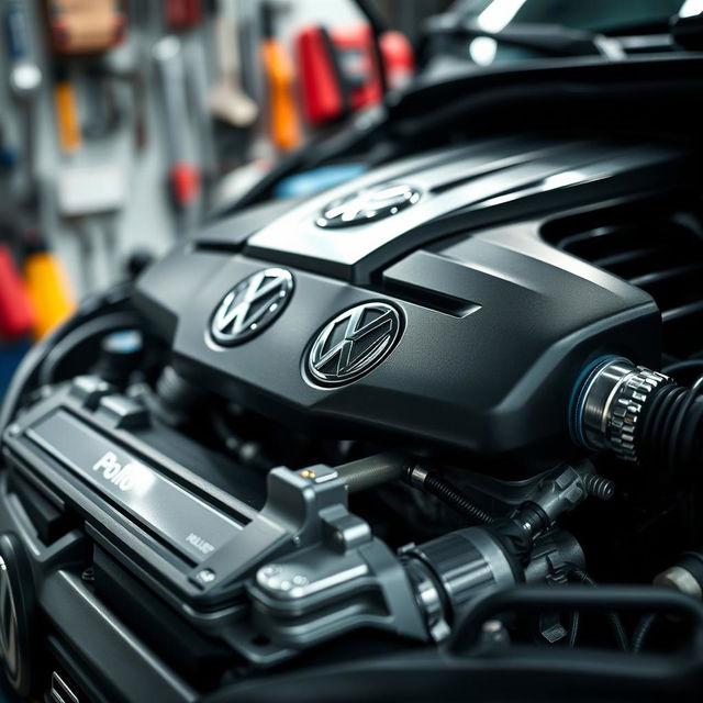 A close-up, detailed view of a Volkswagen Polo engine, showcasing the sleek design and modern technology