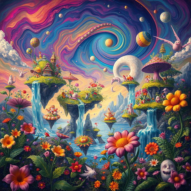 A vibrant and chaotic depiction of a whimsical world filled with surreal elements, such as floating islands with lush vegetation, colorful, dancing creatures, and cascading waterfalls under a swirling sky of vibrant hues