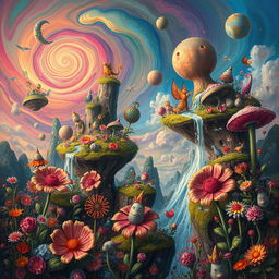 A vibrant and chaotic depiction of a whimsical world filled with surreal elements, such as floating islands with lush vegetation, colorful, dancing creatures, and cascading waterfalls under a swirling sky of vibrant hues