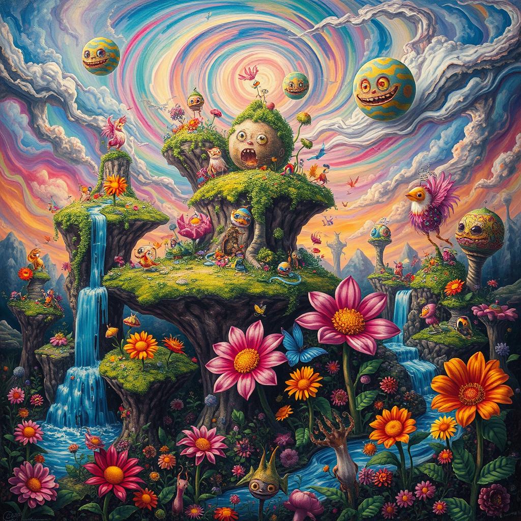 A vibrant and chaotic depiction of a whimsical world filled with surreal elements, such as floating islands with lush vegetation, colorful, dancing creatures, and cascading waterfalls under a swirling sky of vibrant hues