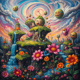 A vibrant and chaotic depiction of a whimsical world filled with surreal elements, such as floating islands with lush vegetation, colorful, dancing creatures, and cascading waterfalls under a swirling sky of vibrant hues