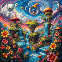 A vibrant and chaotic depiction of a whimsical world filled with surreal elements, such as floating islands with lush vegetation, colorful, dancing creatures, and cascading waterfalls under a swirling sky of vibrant hues