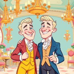 A charming cartoon illustration depicting two white men in love set in the regency era