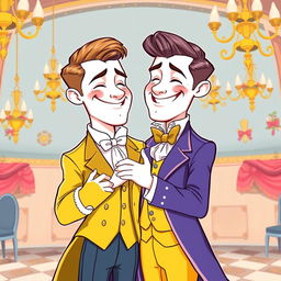 A charming cartoon illustration depicting two white men in love set in the regency era