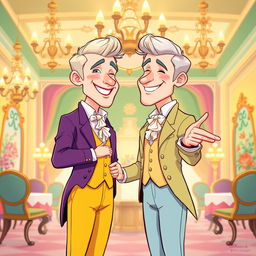 A charming cartoon illustration depicting two white men in love set in the regency era