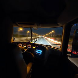 The interior of a Freightliner Cascadia truck captured at night, featuring a cozy and functional cabin illuminated by warm yellow lights