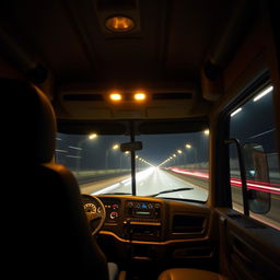 The interior of a Freightliner Cascadia truck captured at night, featuring a cozy and functional cabin illuminated by warm yellow lights