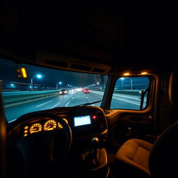 The interior of a Freightliner Cascadia truck captured at night, featuring a cozy and functional cabin illuminated by warm yellow lights