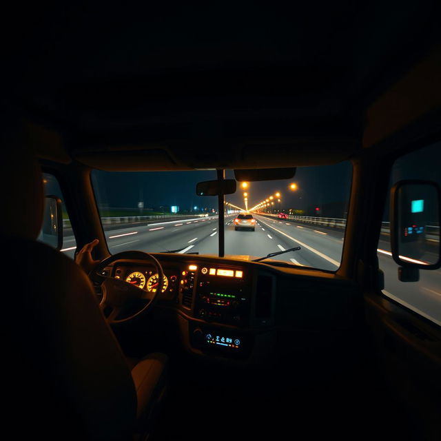 The interior of a Freightliner Cascadia truck captured at night, featuring a cozy and functional cabin illuminated by warm yellow lights