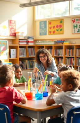 A vibrant and engaging scene inside a bustling elementary school classroom