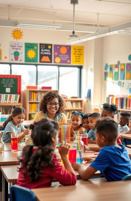 A vibrant and engaging scene inside a bustling elementary school classroom