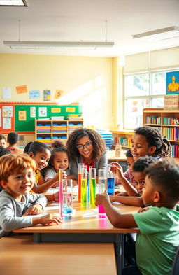 A vibrant and engaging scene inside a bustling elementary school classroom