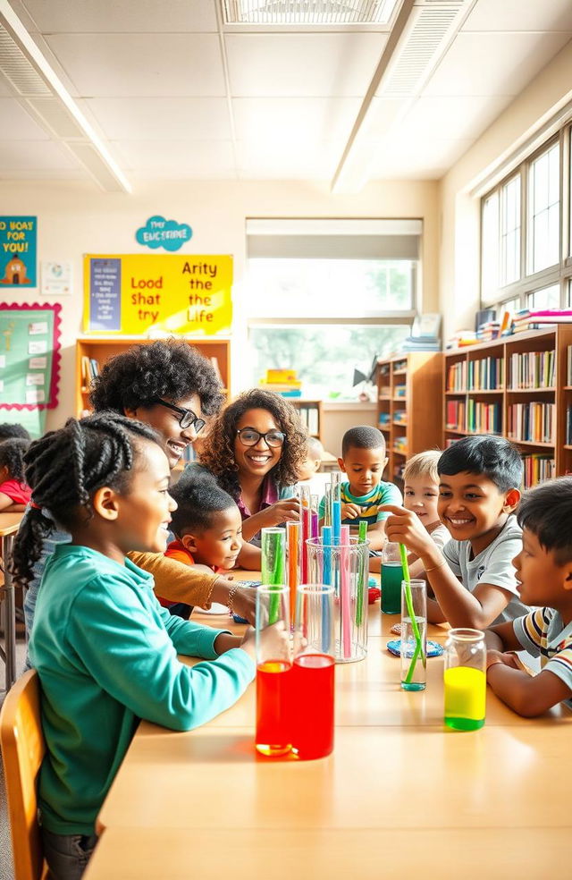 A vibrant and engaging scene inside a bustling elementary school classroom