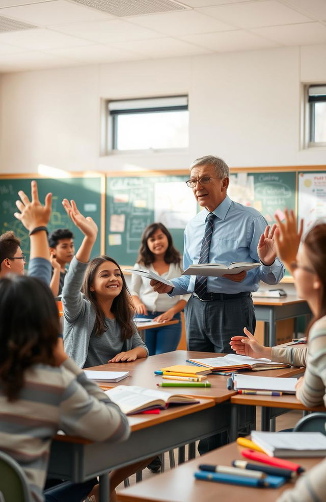 A classroom scene where a passionate teacher stands in front of a group of eager students