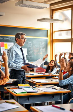 A classroom scene where a passionate teacher stands in front of a group of eager students
