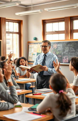 A classroom scene where a passionate teacher stands in front of a group of eager students
