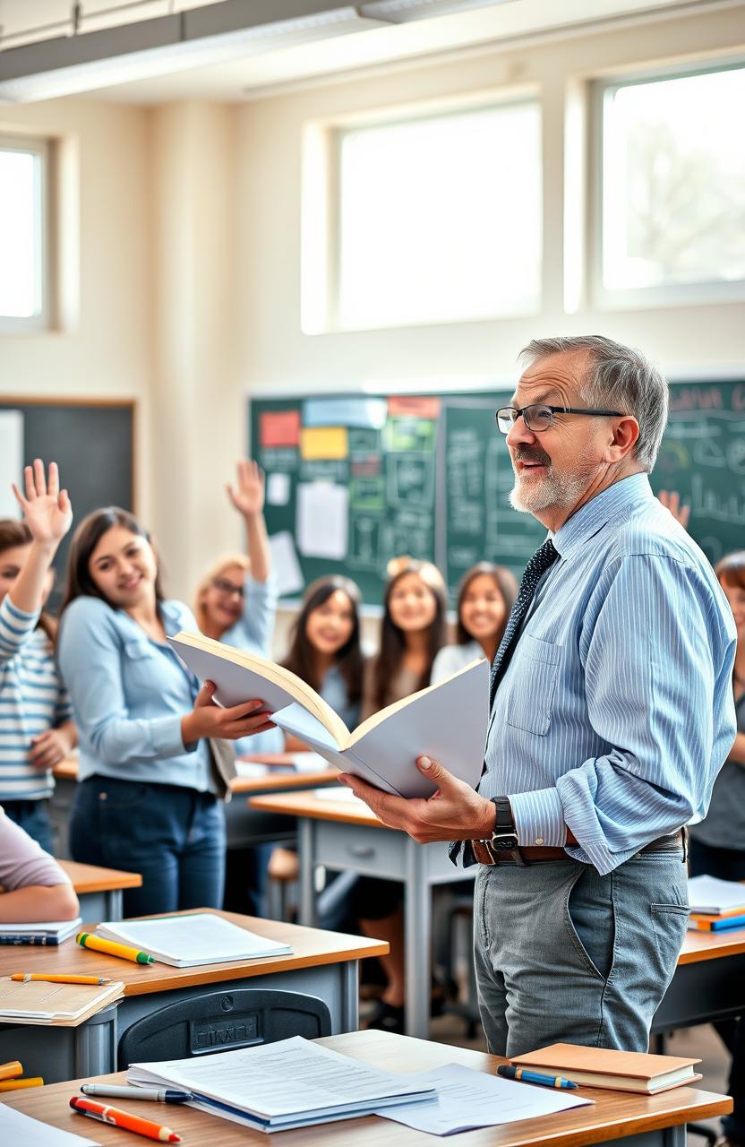 A classroom scene where a passionate teacher stands in front of a group of eager students