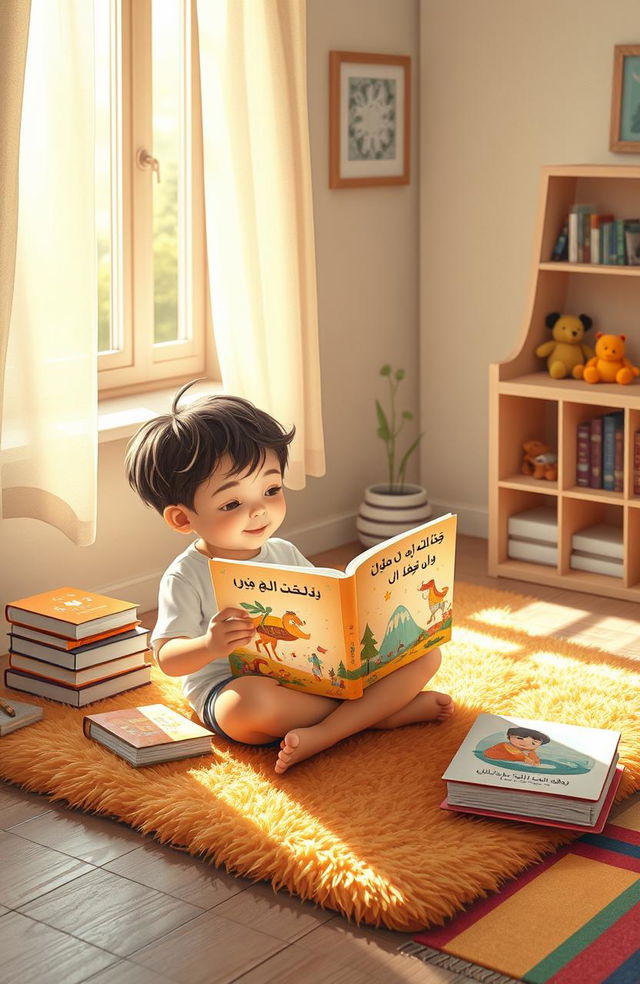 A cozy, inviting scene depicting a child reading a book titled 'غمور في الصغر' by the author 'مارون'