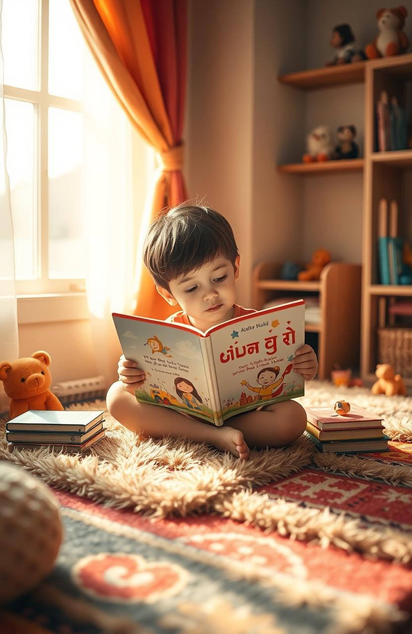 A cozy, inviting scene depicting a child reading a book titled 'غمور في الصغر' by the author 'مارون'