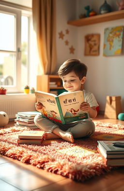 A cozy, inviting scene depicting a child reading a book titled 'غمور في الصغر' by the author 'مارون'