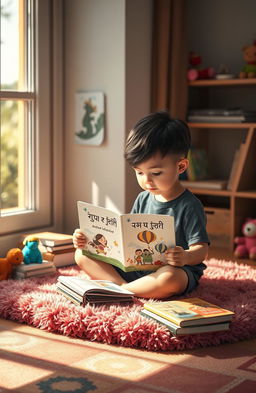A cozy, inviting scene depicting a child reading a book titled 'غمور في الصغر' by the author 'مارون'