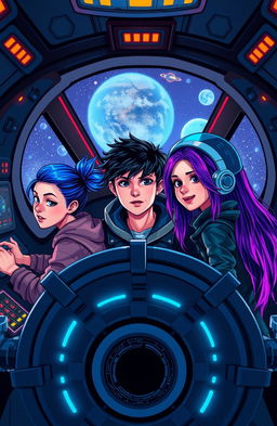 Three teenagers inside a futuristic spaceship helm, two girls and one boy