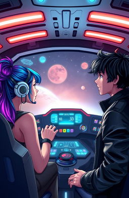 Three teenagers inside a futuristic spaceship helm, two girls and one boy